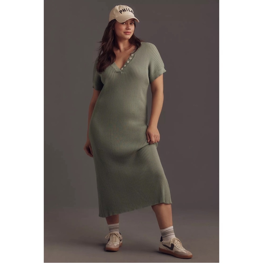 Anthropologie Varley Aria Green Rib Knit Midi Dress M Button V-Neck Short Sleeve